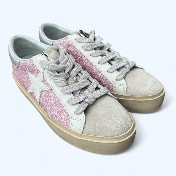 Shu Shop REBA White & Pink Sparkle Tennis Shoes Fashion Sneaker size 6.5 Glitter - Picture 3 of 13